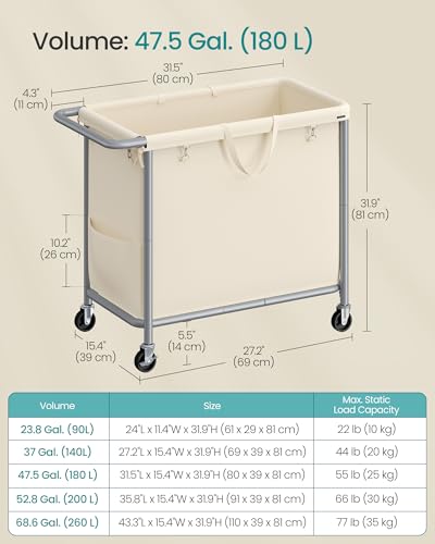 SONGMICS Laundry Basket with Wheels, Rolling Laundry Hamper, 47.5 Gallons (180 L), Removable Liner, Steel Frame with Handle, 31.5 x 15.4 x 31.9 Inches, Cream White URLS011W01 - color: Cream White, size: 180 L (1-Section)