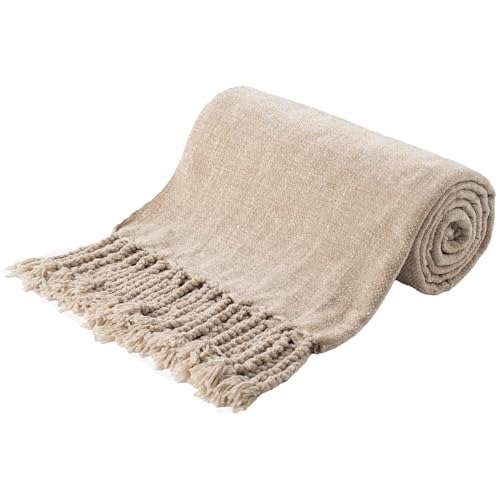 BATTILO HOME Beige Chenille Throw Blanket for Couch, Soft Cozy Textured Knit Throw Blanket with Handmade Fringe Tassels, Lightweight Decorative Farmhouse Blanket for Sofa Bed Chair, 50"x60" - color: Beige