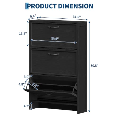 Garvee 3 Flip Drawers Shoe Cabinet with Adjustable Shelf & Anti-Tipping Kit | 3 Flip Drawers with Adjustable Shelf, Bottom Shelf for Shoes, Embossed Black, Hallway/Entryway Shoe Cabinet - color: Black, size: 3 Drawers