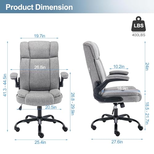 Fabric Office Chair High Back Executive Ergonomic Chair Flip Arms | Premium cloth fabric office chair with high back ergonomic support, flip-up arms, adjustable height, 90°-120° tilt function - color: Grey