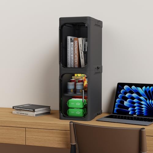 Slim Bathroom Storage Cabinet with Magnetic Clear Doors, Foldable Narrow Storage Organizer with Wheels, No-Tool Assembly Plastic Skinny Cabinet for Small Spaces, Kitchen, Laundry - color: Black, size: 2-Tiers