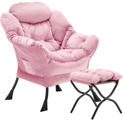 Youtanic Lazy Chair with Folding Ottoman, Accent Chair Velvet Upholstered with Metal Structure and Non-Slip Pads, Sofa Armchair with Footrest and Side Storage Bag for Dorm, Room, Office, Pink - color: Pink