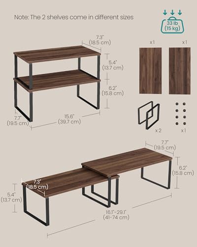 SONGMICS Cabinet Organizer Shelf, Set of 2 Spice Rack, Kitchen Storage | Kitchen Counter Storage Spice Rack, Particleboard, Steel, Natural Walnut and Matte Black, BYSTRO Collection UKCS025K01 - color: Natural Walnut + Matte Black, size: 15.6"w