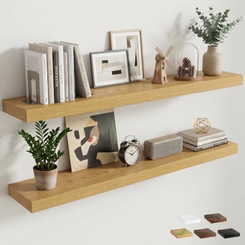 8 inch Deep Floating Shelves for Wall, 48" Wide, Oak Finish, 2-Pack | Engineered Wood Wall Shelves with Invisible Brackets for Living Room, Bedroom, Bathroom, Office & Kitchen Storage - color: Oak Finish, size: 48"W x 8"D, 2p