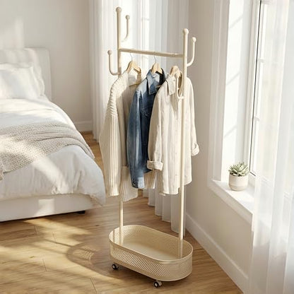 Cream White Wheeled Cactus Metal Coat Rack Freestanding Garment | Organizer Double Sided, Modern Style, Powder Coated, for Entryway and Bedroom, 24x14x66.93 Inches - color: Off-White