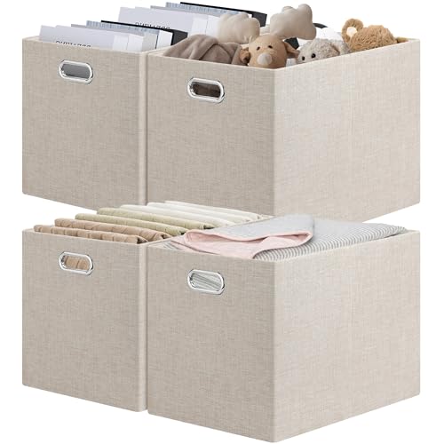 Posprica 15.12"x12.13"x12.01" Storage Cube Bins, Linen Decorative Closet Storage Organizer for IKEA Kallax, 4 Pack Fabric Foldable Large Storage Baskets for Closet, Shelves, Clothes(Beige) - color: Beige, size: 15.12 Lx12.13 Wx12.01 H