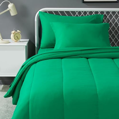 Amazon Basics 5-Piece Soft Microfiber Kid's Bed-in-a-Bag Bedding Set, Twin, Green, Solid - color: Green, size: Twin