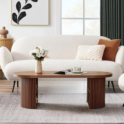 Oval Fluted Coffee Table, 47" Farmhouse Wood Coffee Table Mid Century Modern Center Table Boho Living Room Tables for Living Room Office,Walnut - color: Walnut, size: 19.69"D x47.2"W x 15.74"H