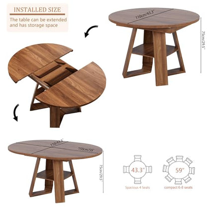 43.3"-59" Extendable Round Oval Dining Table for 4-8 with Storage Shelf | Modern Kitchen Oval Dining Table with Removable Leaves,Space Saving Extendable Table Wood Base for Kitchen Living Room Walnut - color: Walnut Style 3