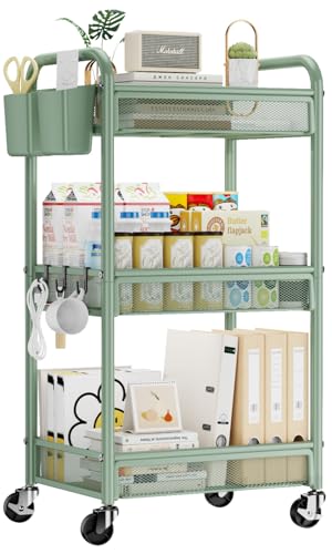 3 Tier Metal Rolling Cart, Green Utility Storage Cart with Wheels | Metal Mesh Craft Cart With Hooks & Hanging Cups, Ideal For Kitchen, Bathroom, Office, Dorm, Art Workspace, Bedside Storage - color: Green