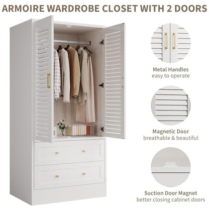 65" White Wooden Storage Cabinet, Freestanding Storage Cabinet with 2 Doors, 2 Drawers & Hanging Rod for Bedroom, Cloakroom, Laundry Room & Entrance Hall, White