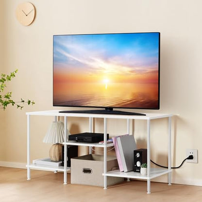 White TV Stand Bedroom with Power Outlets, Small Entertainment Center Stand with Open Storage Shelves for TVs up to 50 Inch, Wood TV Media Console Table with for Living Room, Bedroom - color: White