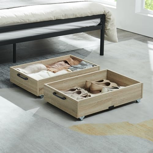2-Pack Under Bed Storage Drawers Organizer with Wheels, Oak | 58L total capacity, 80 lb per Drawer, Fits 6 in Bed Clearance, Rolling Drawers for Shoes, Clothes, Linens, Toys - color: Oak