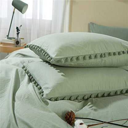 ETDIFFE Pom Duvet Cover Full Size - 3 Piece Boho Bohemian Farmhouse Microfiber Comforter Cover Set - Soft and Lightweight Quilt Cover, Solid Sage Green Pompom | Bohemian Pompom Microfiber Bed Comforter Cover Set, Farmhouse Soft & Lightweight Bedding Quilt