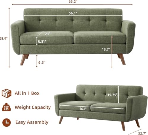 Tbfit 65" W Loveseat Sofa, Mid Century Modern Couches Love Seats for Living Room, Button Tufted Upholstered Small Couch for Bedroom, Solid and Easy to Install Love Seats Furniture, Green - color: Green, size: 65.2 inch