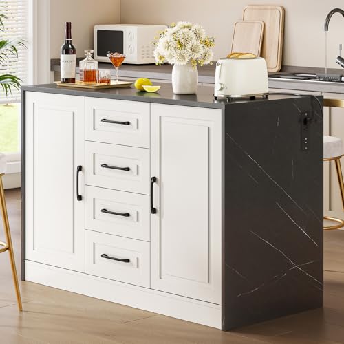 Kitchen Island with 2 Storage Cabinets & 4 Drawers, Black+Imitation Marble | Modern Extra-Large Work Surface Dining Table with Power Outlet, Island Bar Table for Kitchen Dining Room Living Room