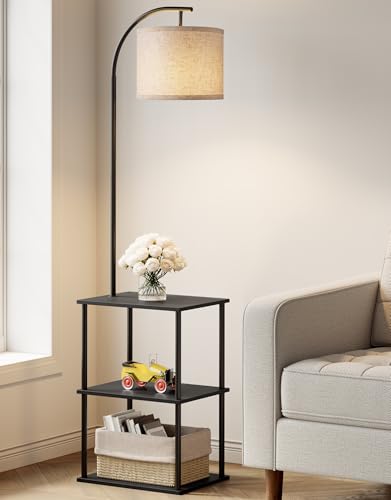 Floor Lamp with Table, Night Stand with Lamp, Narrow Side Table with 3CCT LED Bulb, Small Coffee Table, Modern End Table with Storage Shelves for Living Room Bedroom Home Décor, Black - color: Black