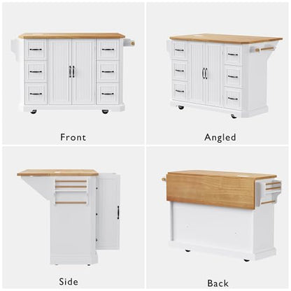 Rustic Rolling Kitchen Island with Drop Leaf, Built-in Charging Station & 6 Deep Drawers, 47" Farmhouse Mobile Cart for Dormitories, Offices, Bedrooms (White/R1) - color: White/R1