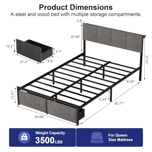 J.Fkne Queen Bed Frame with Charging Station and LED Lights, Metal Platform Bed with 2 Storage Drawers, Upholstered Headboard, Noise Free, No Box Spring Needed, Easy Assembly