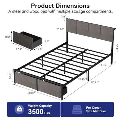 J.Fkne Queen Bed Frame with Charging Station and LED Lights, Metal Platform Bed with 2 Storage Drawers, Upholstered Headboard, Noise Free, No Box Spring Needed, Easy Assembly