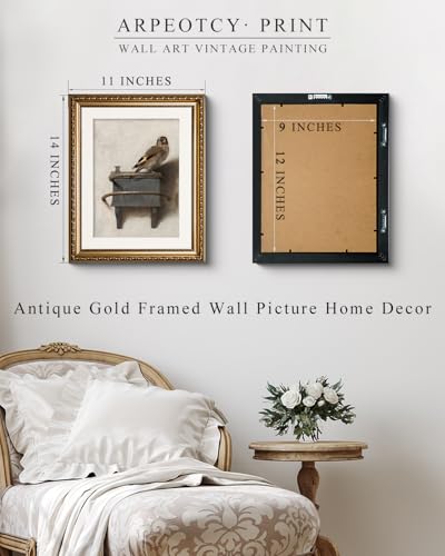 ARPEOTCY Vintage Gold Framed Bird Wall Art, Bedroom Bathroom Goldfinch Picture Wall Decor, Canvas Prints, Antique Picture Frame Still Life Paintings Home Farmhouse Cottage Decor, 11x14 Inch - color: The Goldfinch, size: 14"L x 11"W