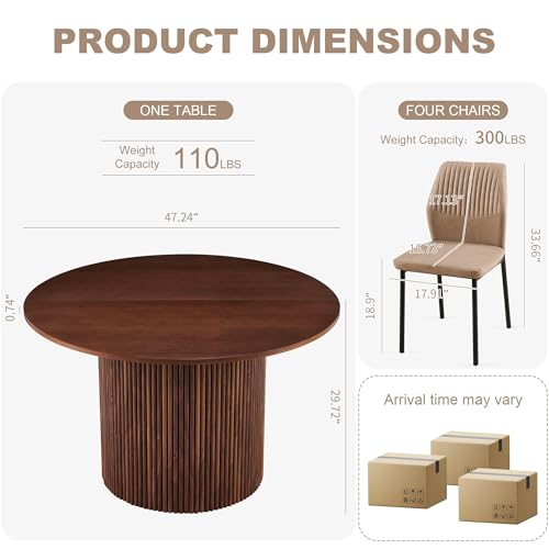 Dining Table Set for 4, 47" Wooden Round Kitchen Table with PU Leather Chairs for Kitchen Room and Small Spaces(Walnut Table + 4 Beige Chairs) - color: Beige, size: 47" Walnut Round Table+4 Chairs