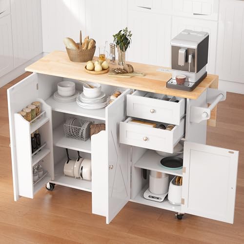 50.4" Kitchen Island with Drop Leaf & Power Outlet, Farmhouse Rolling Island Cart with 3 Spices Shelves on Wheels, Mobil Kitchen Island Table with Rubberwood Countertop Towel Rack, White - size: White