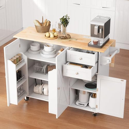 50.4" Kitchen Island with Drop Leaf & Power Outlet, Farmhouse Rolling Island Cart with 3 Spices Shelves on Wheels, Mobil Kitchen Island Table with Rubberwood Countertop Towel Rack, White - size: White