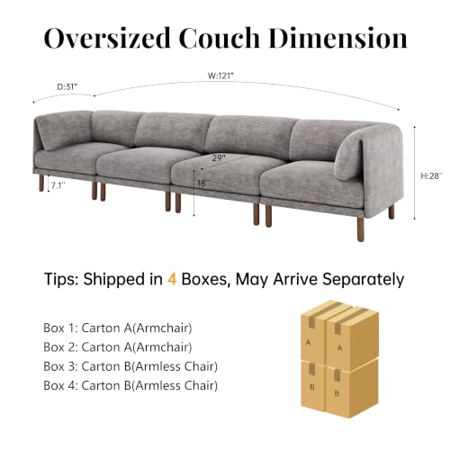 Cloud Sectional Couches for Living Room,Modular Sectional Sofa,Grey | Extra Deep 4 Seater,Mid Century Modern Sectional Couches With Solid Wood Leg,Large Sofa for Big Space - color: Grey, size: 4 Seats Sofa