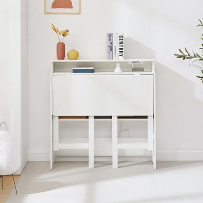 Folding Desk with Charging Station,Fold Out Desk with Monitor Stand,Storage Shelf,Small Foldable Computer Desk for Compact Home Office Spaces (White) - color: White