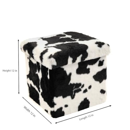 Luxe Faux Fur Storage Ottoman, Cowhide Black/White, 12 x 12 x 12 in | Engineered Wood, Tool-Free Assembly, Modern Style, Seat And Footrest - color: Cowhide Black/White, size: 12"D x 12"W x 12"H