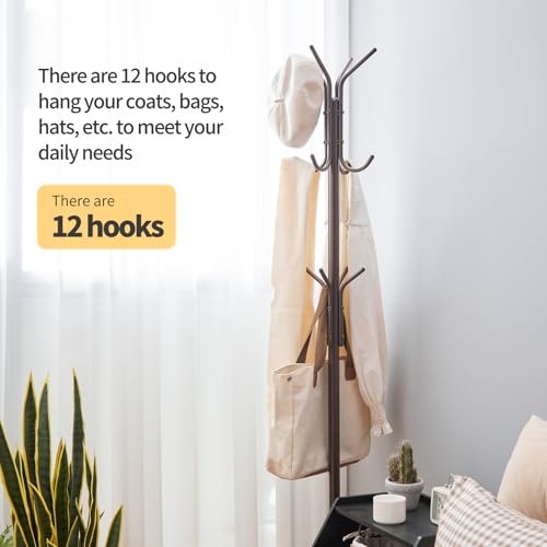 Coat Rack Freestanding,hat and coat rack stand for entryway,Living Room,Bedroom,Metal coat tree with12 Hooks and 3 Legs (Brown) - color: Brown