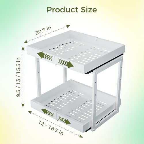 Abalter Expandable Pull Out Cabinet Organizer(12-18.5" W x 21" D), 2-Tier Slide Out Drawer for Kitchen Cabinets, Slide Out Shelves for Kitchen Countertop, Bathroom, Pantry, Heavy Duty Caddy(White) - color: White, size: 20.7"D×12"-18.5"W
