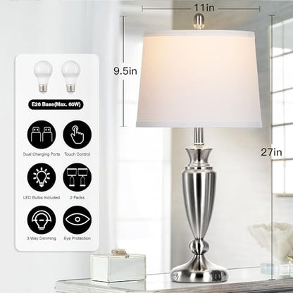 Rinweey Metal Table Lamps Set of 2, 3 Way Touch Control Silver Bedside Lamps with USB A+C Ports, Modern Brushed Nickel Nightstand Lamps for Bedroom Living Room - color: Silver-27"H