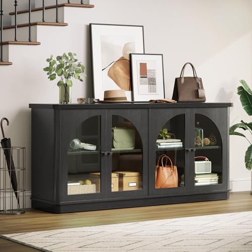 63 Inch Sideboard Buffet Cabinet with Glass Doors, Credenzas Cabinet, Black | 4 Doors, Arched, Large, Adjustable Shelves, Modern Style, for Living Room, Kitchen, Entryway