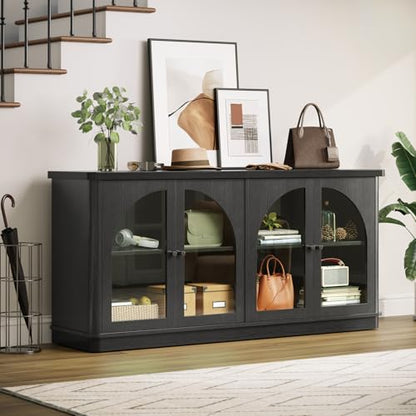 63 Inch Sideboard Buffet Cabinet with Glass Doors, Credenzas Cabinet, Black | 4 Doors, Arched, Large, Adjustable Shelves, Modern Style, for Living Room, Kitchen, Entryway