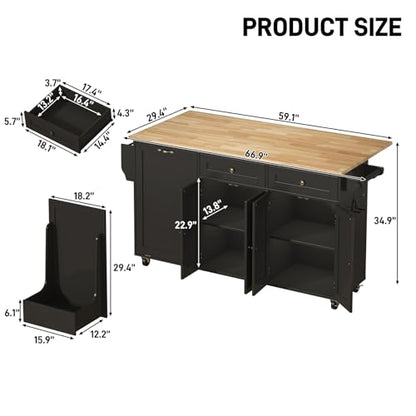 67" Large Movable Kitchen Island w/Sliding Drop Leaf,Power Outlet, Kitchen Rolling Island Cart w/ 2 Drawers, Island Table on Wheels w/Trash Storage Cabinet,Spice Rack, Towel Bar,Garage Hook, Black - color: Black, size: 17.7"D x 66.9"W x 35.8"H