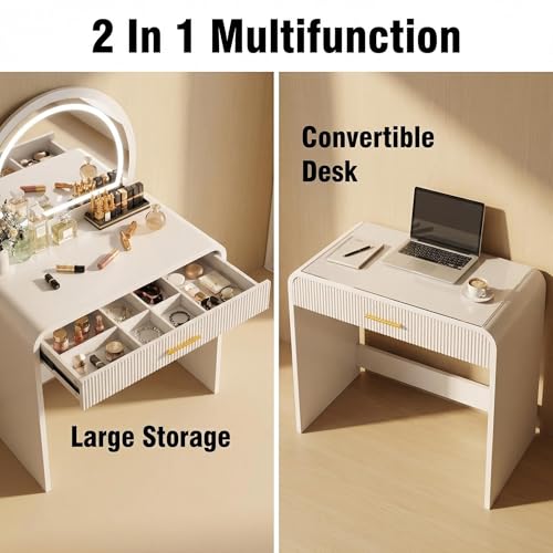 Makeup Vanity Desk with LED Touch Screen Lighted Mirror, Wooden Vanity Table with Drawer, Curved Edge Dressing Table with Removable Mirror for Bedroom (White) - color: White
