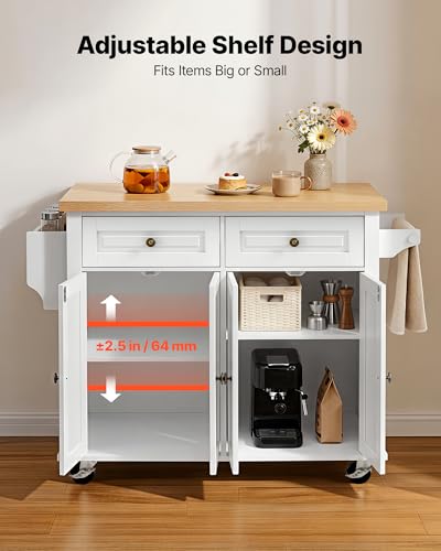 VEVOR Kitchen Island Cart with Storage, 43.7 in Wide Mobile Rolling Storage Island on Swivel Wheels, with 2 Drawers, Storage Cabinet, Spice/Towel Rack, Hooks, Table for Home Dining Room, White | Home Dining Use, Spice Towel Rack With Hooks, Cabinet Shelve