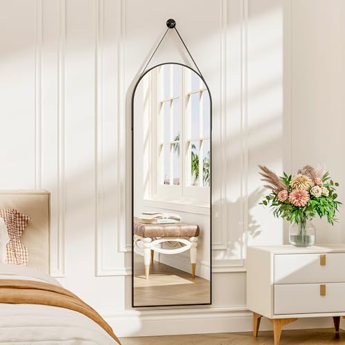 48"x16" Hanging Mirror with Leather Strap,Arched Full Length Mirror with Aluminum Frame Wall-Mounted Hanging Mirrors for Bathroom Vanity Living Room Bedroom Entryway Décor, Black - color: Black, size: 48"L x 16"W