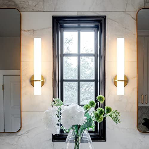 Hardwired Wall Sconces Set of Two 18 Inch Gold Bathroom Wall Sconces 18W 2700K-5000K LED Dimmable Modern Wall Lights with Acrylic Lampshade Brushed Gold Sconces for Bedroom Living Room Hallway - color: Gold, size: Hardwired (18in-2pcs)