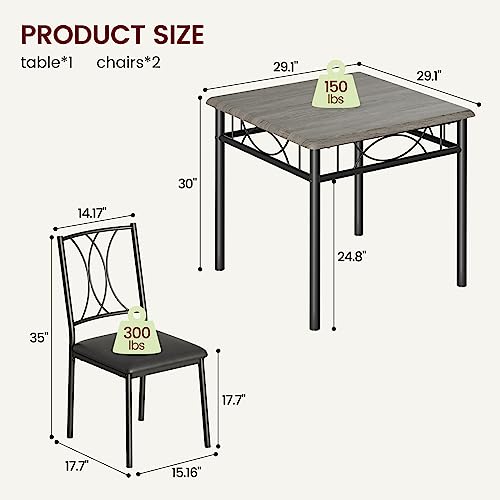 CABIHOME Dining Table Set for 2, 3 Piece Kitchen Table Set with 2 Upholstered Chairs, Square Kitchen Table Set for Small Space, Apartment, Dining Room, Retro Gray - color: Retro Gray, size: Table with 2 Upholstered Chairs