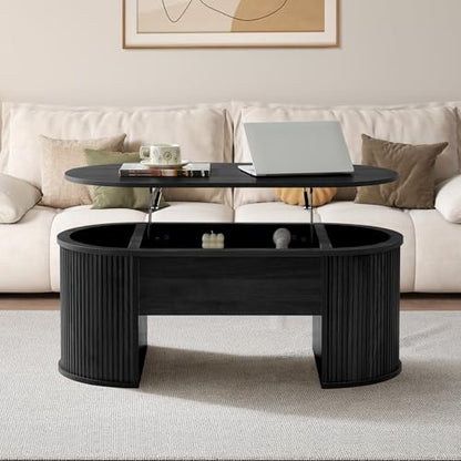 QHITTY Fluted Coffee Table with Lifting Top, Oval Wood Lift Top Coffee Table with Hidden Compartment, Mid Century Pull up Center Tables for Living Room, Office - Black - color: Round Table-black