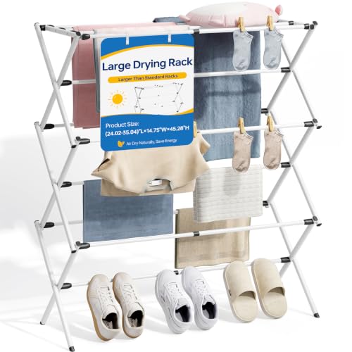Oversized Clothes Drying Rack, 45.28" H × 14.57" D | Foldable & Extendable, Adjustable Size (24.49"-35.51"L), Space-Saving, Rust-Resistant Frame, Indoor/Outdoor Use, White - color: White, size: Large