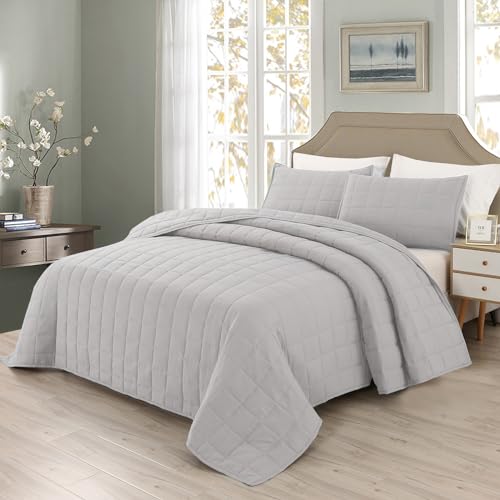 EMME Quilts Queen Size Bedding Sets, Light Grey Bedspread Soft Lightweight Pre-Washed Bed Set, 3 Piece Cozy Reversible Microfiber Bed Coverlet with Pillow Sham(Square Pattern,90"x90") - color: 04-light Grey (Squares Pattern), size: Full/Queen(90" x 90")