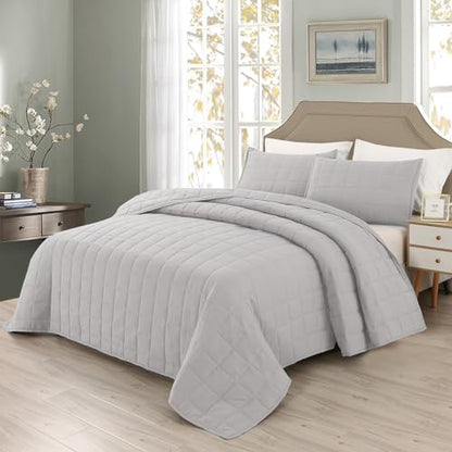 EMME Quilts Queen Size Bedding Sets, Light Grey Bedspread Soft Lightweight Pre-Washed Bed Set, 3 Piece Cozy Reversible Microfiber Bed Coverlet with Pillow Sham(Square Pattern,90"x90") - color: 04-light Grey (Squares Pattern), size: Full/Queen(90" x 90")