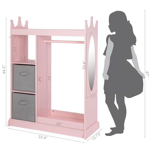 UTEX Kids Armoire Wardrobe Closet with Mirror and Storage Bin, Pink, 33.4 in W x 15.75 in D x 44.5 in H | See and Store Kids Wardrobe, Toddler Dress Up Rack, Open Hanging Armoire Closet, Water-based Paint, Princess Style - color: Pink