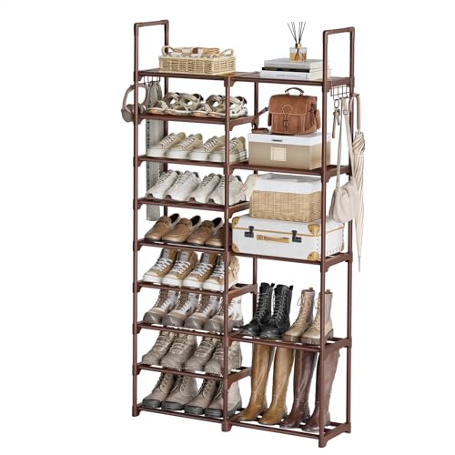 WOWLIVE 9 Tier 2-Column Shoe Rack, 30-35 Pairs Stackable Brown | Compact 33.75in Long Fits Narrow Spaces, Removable Layers for Boots Heels, Split Design for Flexible Layout - color: Brown, size: 2 Row 9 Tier
