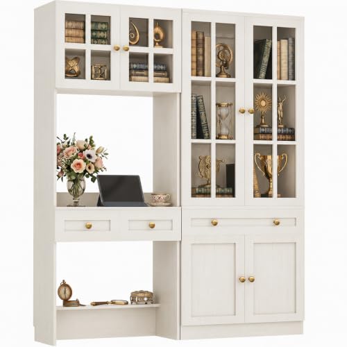 Besiost Farmhouse Desk with Bookcase, Desk with Glass Hutch & Drawers | Writing Desk with Storage Cabinet for Home Office/Kitchen Pantry/Bedroom, Distressed White (55.2" L × 11.8” D × 80" H) - color: Distressed White, size: 55.2"