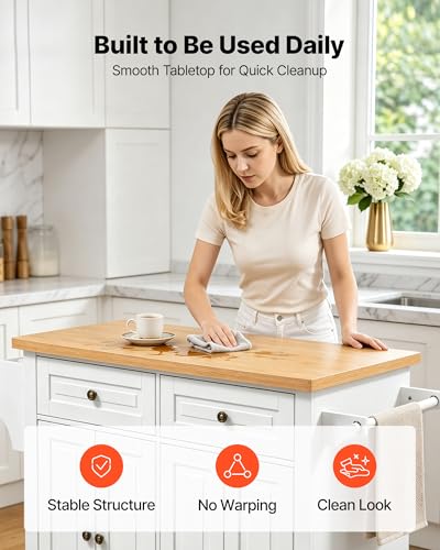 VEVOR Kitchen Island Cart with Storage, 43.7 in Wide Mobile Rolling Storage Island on Swivel Wheels, with 2 Drawers, Storage Cabinet, Spice/Towel Rack, Hooks, Table for Home Dining Room, White | Home Dining Use, Spice Towel Rack With Hooks, Cabinet Shelve